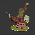 Cartoon Scene Featuring Colorful Ship Small House Yellow Flag Wooden Roof And Green Grass Base