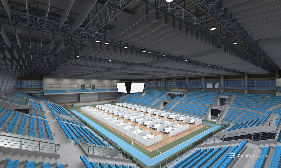Indoor Sports Fitness Stadium With Blue Seats Large Screens And Training Field 3d model 