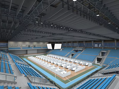 Indoor Sports Fitness Stadium With Blue Seats Large Screens And Training Field 3d model