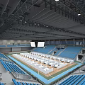 Indoor Sports Fitness Stadium With Blue Seats Large Screens And Training Field