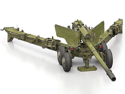 Green Military Towed Artillery Gun With Wheels Barrel Mount And Chassis 3d model