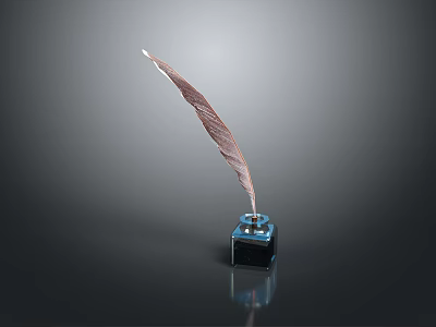 Classic Feather Pen Inserted In Blue Inkwell On Gray Background With Clear Reflection 3d model