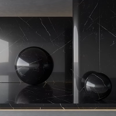 Natural Stone and Wood Design With Black Marble Background Textured Spheres and Reflective Floor 3d model