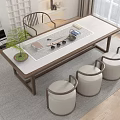 Modern Tea Table and Chairs Set with Wooden Frame Round Cushioned Stools Indoor Plant Natural Light