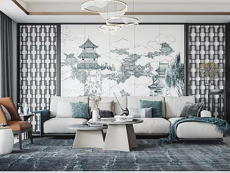 New Chinese Style Living Room Home Living Room Sofa Coffee Table Combination Single Leisure Chair Books Green Plant Jewelry Decoration Background Wall 3d model