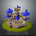 Colorful Medieval Castle Model With Blue Domes And Flags On Green Base