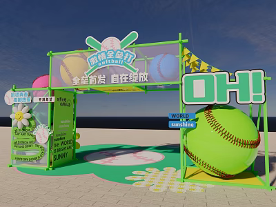 Vibrant Spring Sports Event Gateway With Green Frame Baseball Bat Large Baseball And Colorful Balloons 3d model