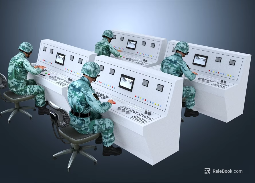 Men In Military Uniform Operating Control Panels In Control Room 3d model