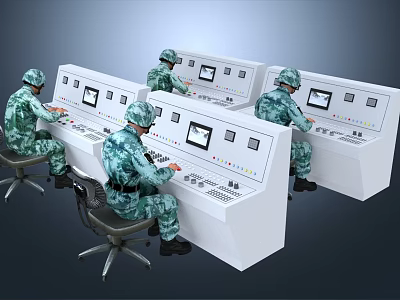 Men In Military Uniform Operating Control Panels In Control Room 3d model