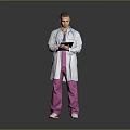 Male Doctor Wearing White Coat And Stethoscope Holding Tablet With Pink Pants And Gray Background