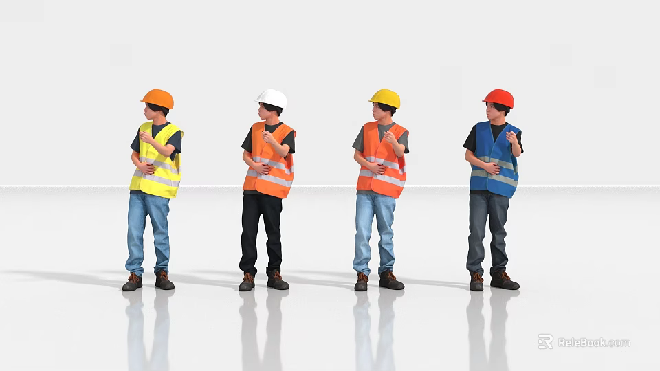 Men Wearing Different Colored Safety Helmets And Reflective Vests Standing In A Row 3d model 
