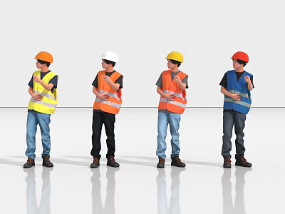 Men Wearing Different Colored Safety Helmets And Reflective Vests Standing In A Row 3d model