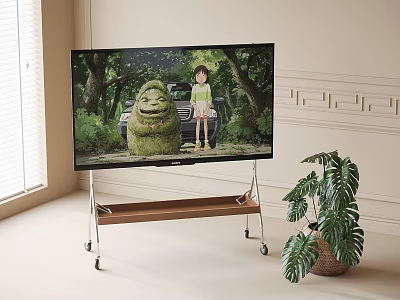 Television on Wooden Rolling Stand Displaying Animated Forest Scene with Child and Green Creature 3d model