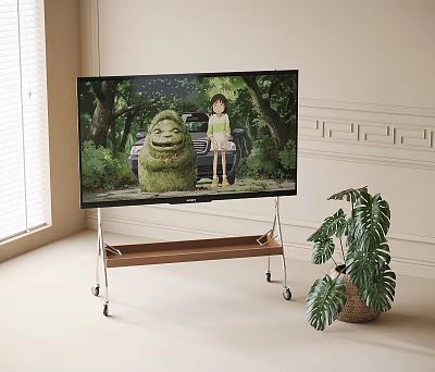 Television on Wooden Rolling Stand Displaying Animated Forest Scene with Child and Green Creature 3d model
