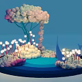 Imaginative Scene With Colorful Ball Tree Blue Water Glowing White Plants And Blue Dolphins