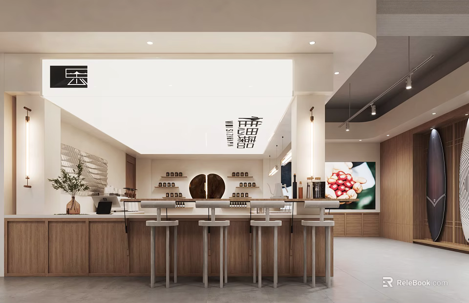 Contemporary Tea Shop Interior With Wooden Counter Bar Stools Display Shelves And Wall Decor 3d model 