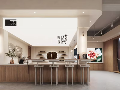 Contemporary Tea Shop Interior With Wooden Counter Bar Stools Display Shelves And Wall Decor 3d model