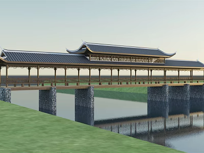 Traditional Chinese Covered Bridge With Pagoda Style Roof Over Water And Green Grass 3d model