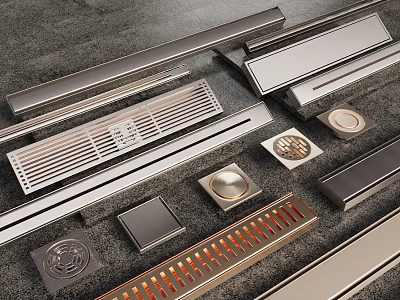 Modern Bathroom Small Accessories Design With Metal Drain Grates And Various Shapes 3d model