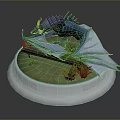 Colorful Dragon Figure with Purple Blue Wings on White Pedestal Green Grass and Wooden Log