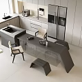 Modern Kitchen Interior With Dining Table Set Island Counter Cabinets Refrigerator And Chairs 3d model