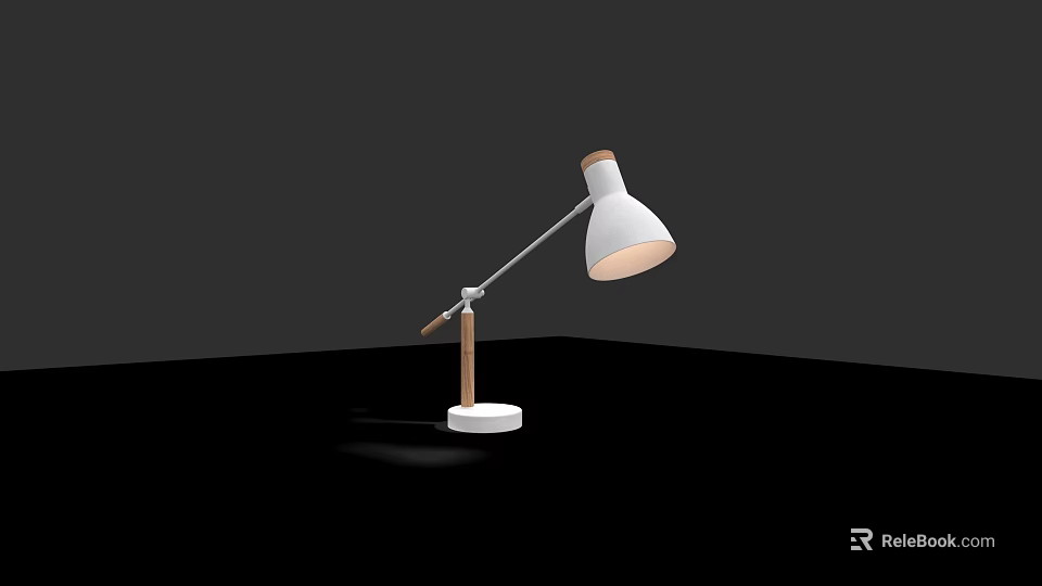 Modern Desk Lamp With White Lampshade Wooden Arm And White Base On Black Tabletop 3d model 