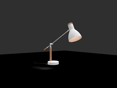 Modern Desk Lamp With White Lampshade Wooden Arm And White Base On Black Tabletop 3d model