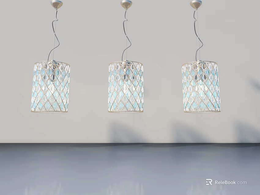 Modern Flush Door Design Featuring Blue Diamond Pattern Pendant Lights on White Wall 3d model