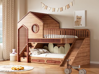 Wooden House Shaped Bunk Bed With Stairs Slide And Drawers In Kids Room 3d model