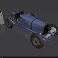 Vintage Blue Race Car Model Display With White Flower Pots And Green Plants