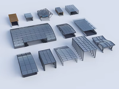 Various Modern Architectural Canopies With Metal Frames Glass Panels And Different Shapes 3d model