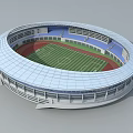 Modern Circular Stadium Design With Green Football Field Red Track Blue Stands And White Roof
