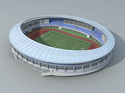 Modern Circular Stadium Design With Green Football Field Red Track Blue Stands And White Roof 3d model