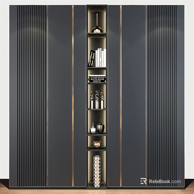 Modern Wardrobe Design With Dark Vertical Panels Gold Trim Open Shelves And Decorative Items 3d model 