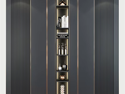 Modern Wardrobe Design With Dark Vertical Panels Gold Trim Open Shelves And Decorative Items 3d model