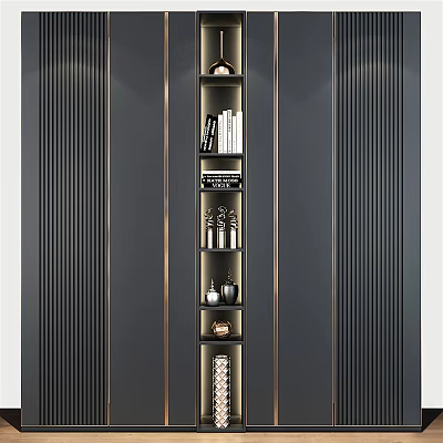 Modern Wardrobe Design With Dark Vertical Panels Gold Trim Open Shelves And Decorative Items 3d model