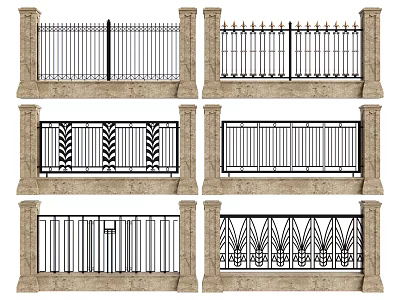 Architectural Exterior Wall Railings Featuring Various Iron Designs And Stone Bases 3d model
