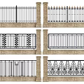 Architectural Exterior Wall Railings Featuring Various Iron Designs And Stone Bases