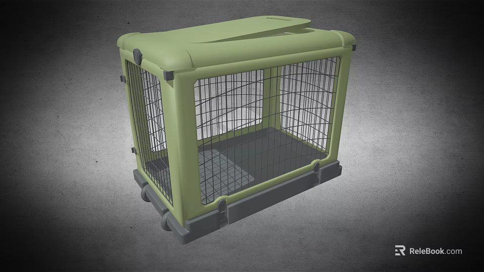 Durable Green Plastic Pet Cage Featuring Metal Grid Door And Wheels 3d model 