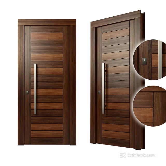 Wooden Security Door with Natural Wood Texture Metal Handle and Secure Lock Detail 3d model 