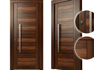 Wooden Security Door with Natural Wood Texture Metal Handle and Secure Lock Detail 3d model