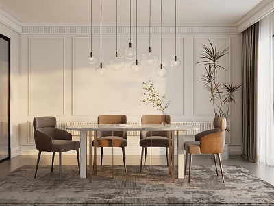 Modern Dining Table Set With Chairs Pendant Lights Wall Paneling Plants And Rug 3d model