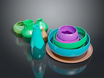Exquisite Colorful Sculpture Carvings Featuring Stacked Bowls And Ceramic Vases Artwork 3d model