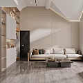 Modern Duplex Living Room Interior With Beige Sofa Geometric Wall And Natural Light