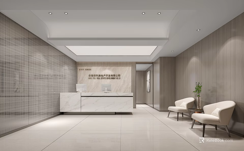 Modern Reception Desk Interior With Marble Countertop Wooden Walls And White Seating 3d model 