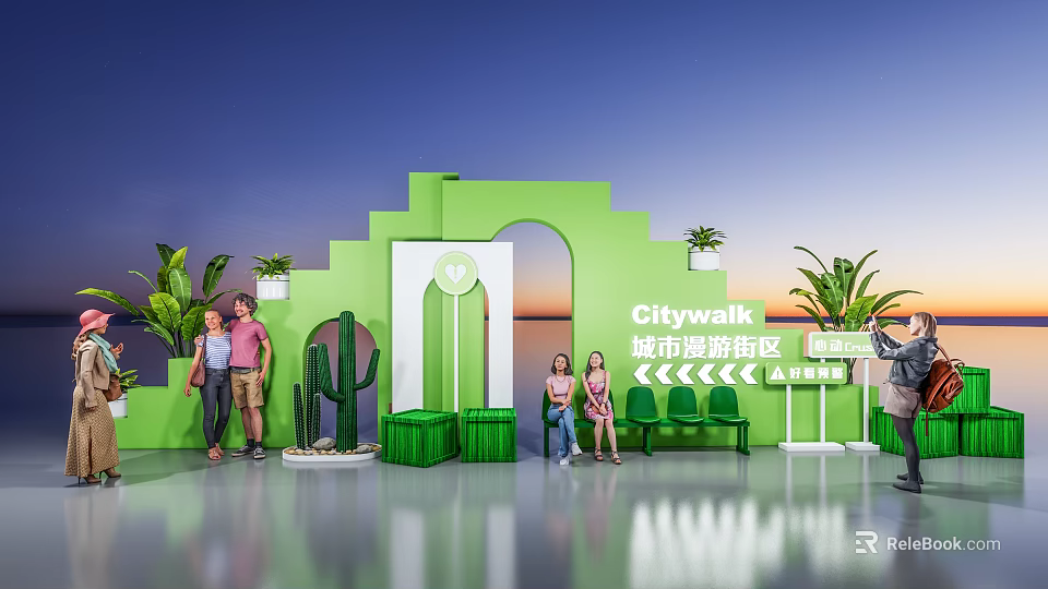 Vibrant Citywalk Urban Block with Green Arch Steps and Cactus Photo Spot for Tourists 3d model 
