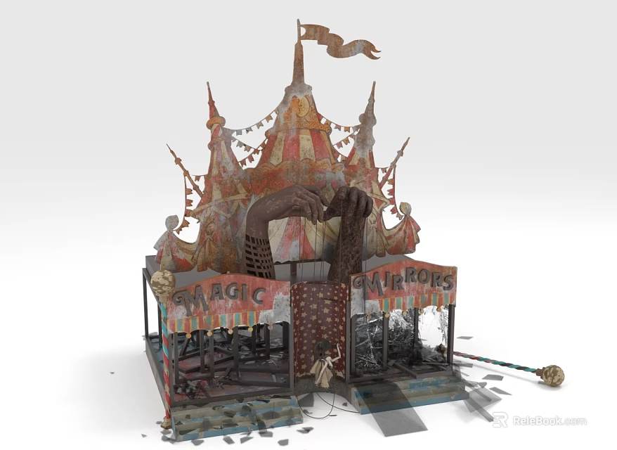 Circus Themed Amusement Equipment Carousel With Tented Structure Decorative Spires Flags And Magic Sign 3d model 