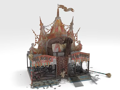 Circus Themed Amusement Equipment Carousel With Tented Structure Decorative Spires Flags And Magic Sign 3d model