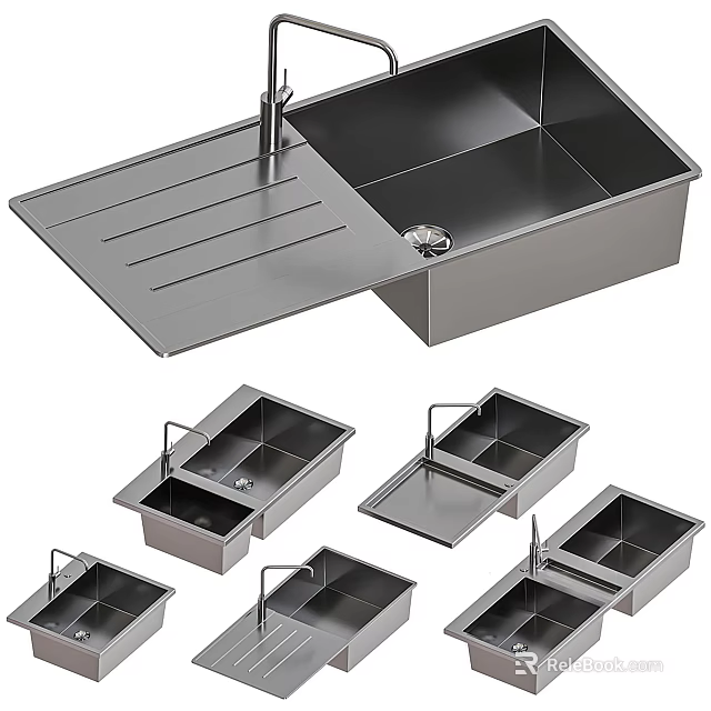 Sleek Modern Stainless Steel Kitchen Sink With Drainer Board And Multiple Bowl Designs 3d model 