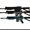 Three Modern Tactical Rifles Featuring Black White Patterned Blue Yellow Colors 3d model